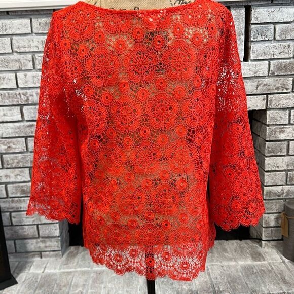 Adiva Womens Floral Crochet Open Knit 3/4 Bell Sleeve Top Red Orange Size Large - Picture 5 of 12